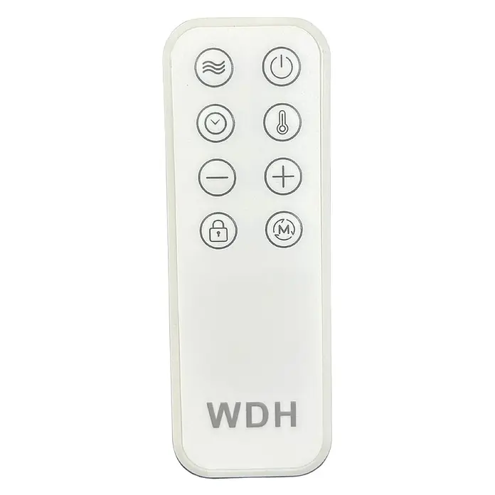 WDH Heizlüfter WDH-NDU22WT, Konvektions- und Heizradiator mit WLAN-Funktion -  - Weiße WDH-Fernbedienung mit grauen Tasten für Ein/Aus, Modus, Timer, Temperatur, Plus/Minus und Sperre.