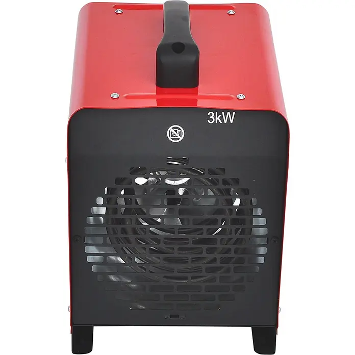 WDH Bauheizer WDH-BGP03, 3kW Heizleistung -  - Roter und schwarzer Elektro-Heizlüfter mit Griff, Frontgitter, Ventilator und '3kW' Leistung.