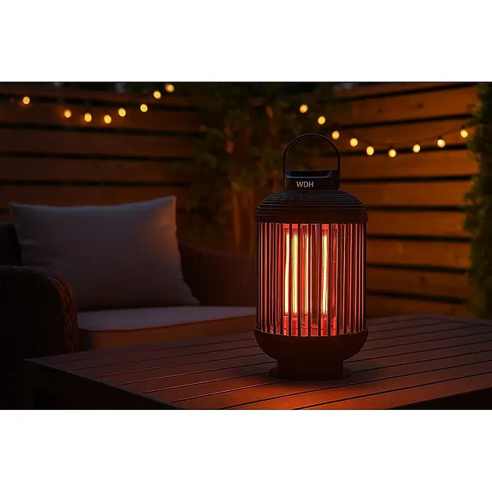 WDH Heizlüfter Standheizstrahler WDH-12HL Heizlaterne -  - Dunkler, laternenartiger Elektro-Terrassenheizer mit rot glühenden Elementen, auf einem Holztisch im Freien bei Nacht.