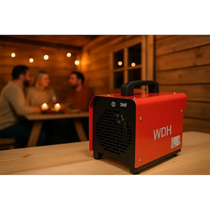 WDH Bauheizer WDH-BGP03, 3kW Heizleistung -  - Ein roter und schwarzer 3kW WDH Heizlüfter auf einem Holztisch, wärmt eine gemütliche Hütte mit verschwommenen Personen.