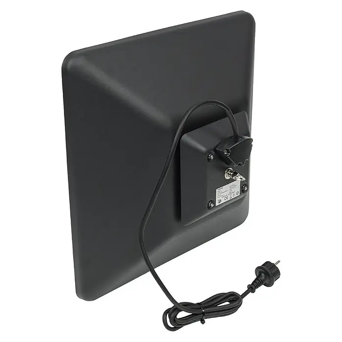 WDH Heizlüfter WDH-200LS Deckenheizstrahler -  - Rückansicht eines schwarzen rechteckigen Elektronikgeräts mit Netzkabel und Eurostecker sowie einer Steuerbox mit Schlüssel.