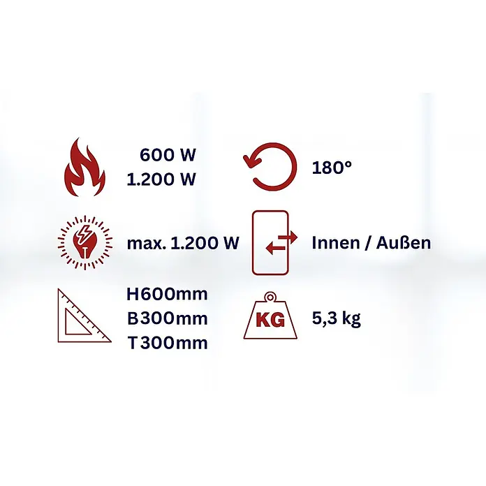 WDH Heizlüfter Standheizstrahler WDH-12HL Heizlaterne -  - Technische Produktspezifikationen mit Icons: Heizleistung, Rotation, Leistung, Nutzung innen/außen, Maße und Gewicht.