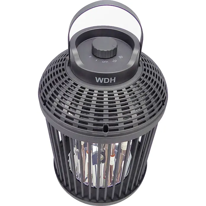 WDH Heizlüfter Standheizstrahler WDH-12HL Heizlaterne -  - Dunkelgrauer zylindrischer Terrassenheizer mit Lamellendesign, Griff und Drehregler, zeigt interne Heizelemente.