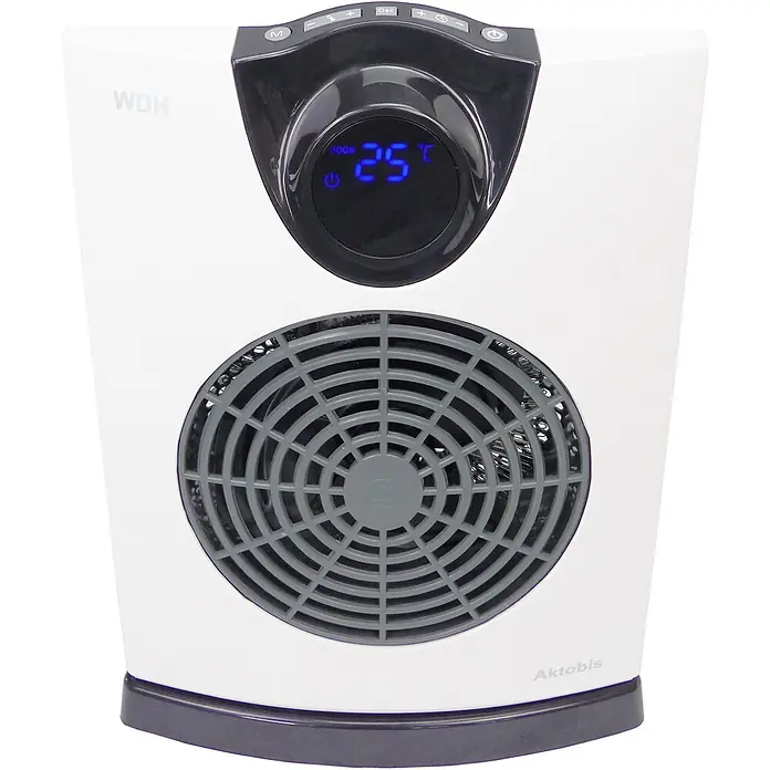 WDH Heizlüfter Badheizer WDH-E20 -  - Weiß-dunkelgrauer Elektro-Heizlüfter mit Digitalanzeige (25°C) und rundem Lüftergitter.