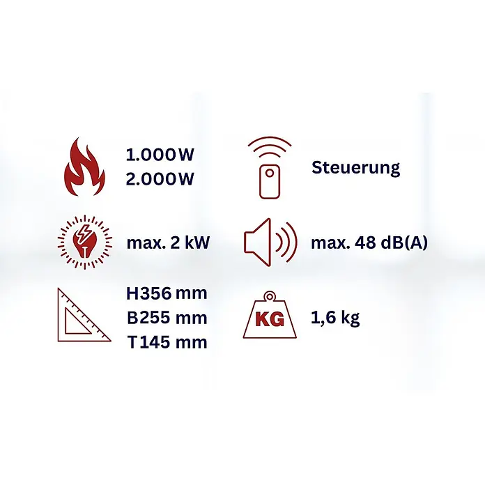 WDH Heizlüfter Badheizer WDH-E20 -  - Produktspezifikationen: Heizleistung 1000W/2000W, Fernsteuerung, max. 2 kW, max. 48 dB(A), 356x255x145mm, 1,6 kg.