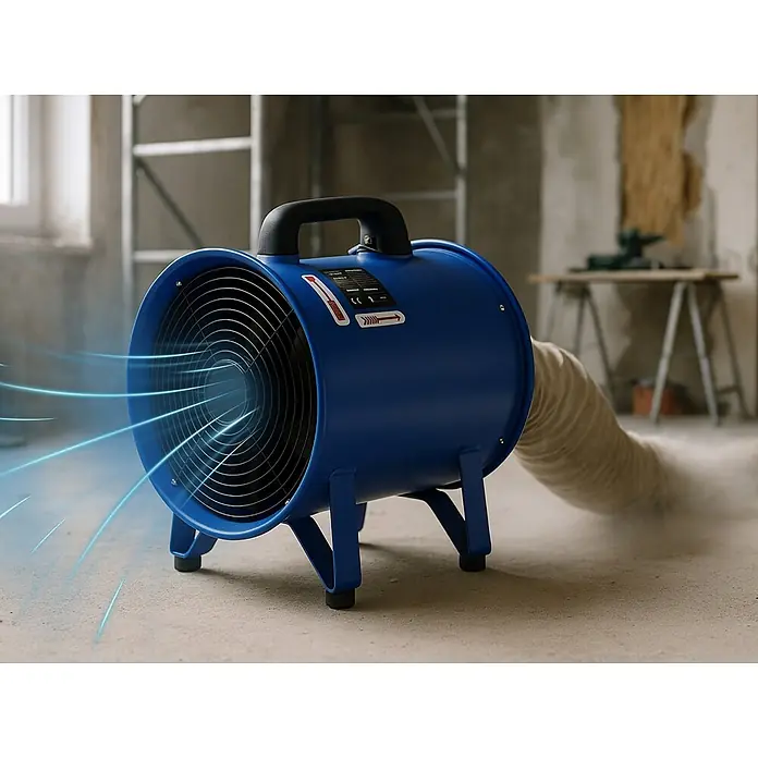 WDH Bodenventilator Axialgebläse WDH-SHT28, 2800 m³/h Luftumwälzung -  - Blauer Industrieventilator mit schwarzem Griff und flexiblem Schlauch, der Staub auf einer Baustelle aktiv beseitigt.