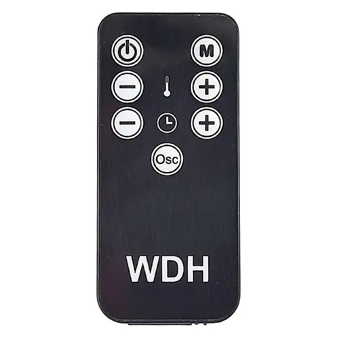 WDH Heizlüfter Badheizer WDH-E20 -  - Schwarze WDH-Fernbedienung mit weißen Tasten für Ein/Aus, Modus, Temperatur, Oszillation und Werteinstellung.