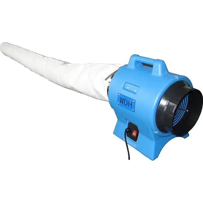 WDH Bodenventilator WDH-AP11 Gebläse, mit 2.200 m³/h Luftumwälzung -  - Blauer Industrielüfter mit weißem flexiblem Schlauch, Griff und Schalter.
