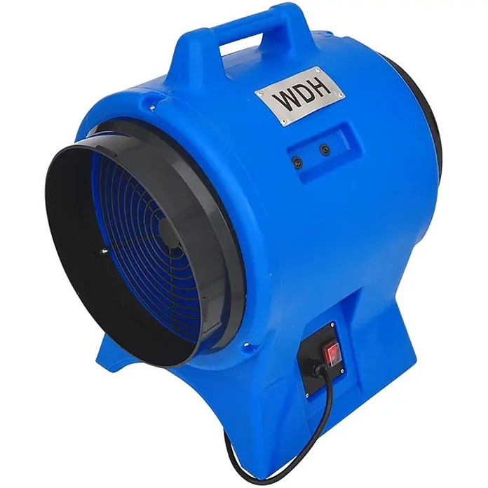 WDH Bodenventilator WDH-AP11 Gebläse, mit 2.200 m³/h Luftumwälzung -  - Blauer Industriegebläse aus Kunststoff mit schwarzem Gitter, Griff und Netzschalter für starke Luftzirkulation.