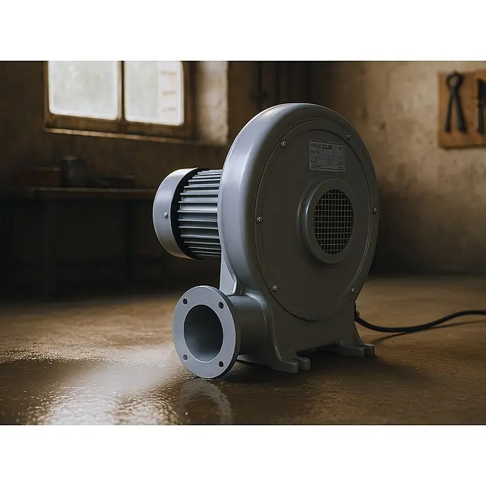 WDH Bodenventilator Druckgebläse, 1.200 m³/h Luftumwälzung -  - Graues Industriegebläse mit Motor und Ansaugflansch, auf Werkstattboden stehend.