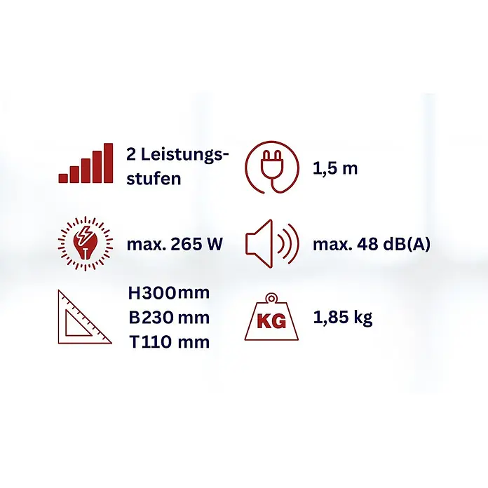 WDH Schuhtrockner - Schuhwärmer - Produktspezifikationen mit Icons: Leistungsstufen, Kabellänge, Leistung, Lautstärke, Maße und Gewicht.