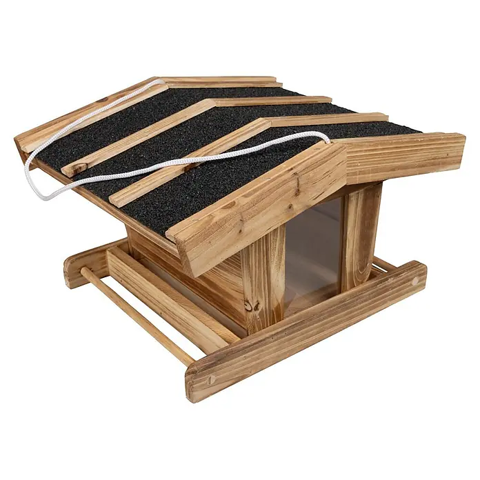Windhager Vogelhaus Chalet 2.0 - Holz - Vogelhaus aus Holz mit schwarzem Kiesdach und weißer Aufhängeschnur, mit transparentem Samenbehälter.