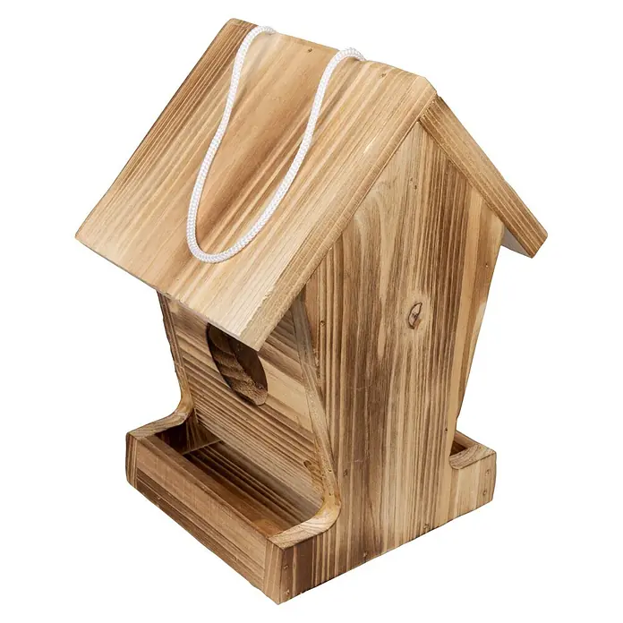 Windhager Vogelhaus Cottage 2.0 - 18,4 x 13 x 23,5 cm, Holz - Hellbraunes Vogelhaus aus Holz mit Hängeseil und Futterschale.