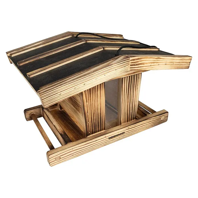 Windhager Vogelhaus Canteen 2.0 - Holz - Vogelhaus aus gebranntem Holz mit dunklem Dach, klarem Samenspeicher und Aufhängeseil.