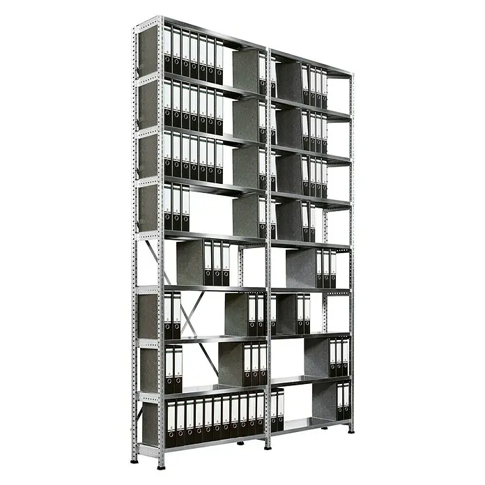 Scholz Aktenregal Grundelement - H x B x T: 300 x 85 x 30 cm, Traglast pro Boden: 100 kg, Anzahl Böden: 9 Stk., Stecken, Silber - Das Bild zeigt ein hohes, graues Metallregal, das mit Ordnern gefüllt ist. Es bietet viel Stauraum und ist ideal für Büro oder Archiv.