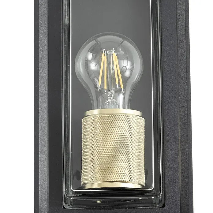Arcchio Außenwandleuchte Ismera - 11,6 x 13,1 x 25,6 cm, schwarz, schwarz, IP65 - Schwarze Außenwandleuchte mit Klarglas, gerändelter messingfarbener Fassung und LED-Glühfadenlampe.
