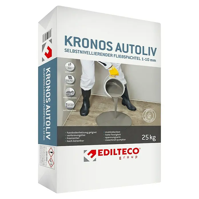 Nivelliermasse Kronos Autoliv - 25 kg, Schichtdicke: 1 mm - 10 mm - Bild einer Packung KRONOS AUTOLIV selbstverlaufender Fließspachtel, ideal für den Innen- und Außenbereich, Fußbodenheizung geeignet.