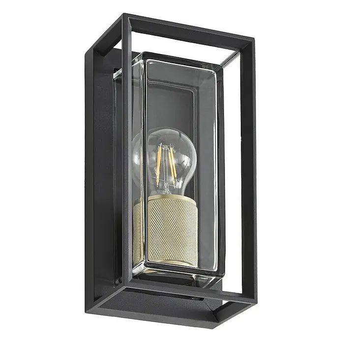 Arcchio Außenwandleuchte Ismera - 11,6 x 13,1 x 25,6 cm, schwarz, schwarz, IP65 - Moderne schwarze Wandleuchte mit klarem Glasschirm und goldfarbener, texturierter Fassung für LED-Glühbirne.