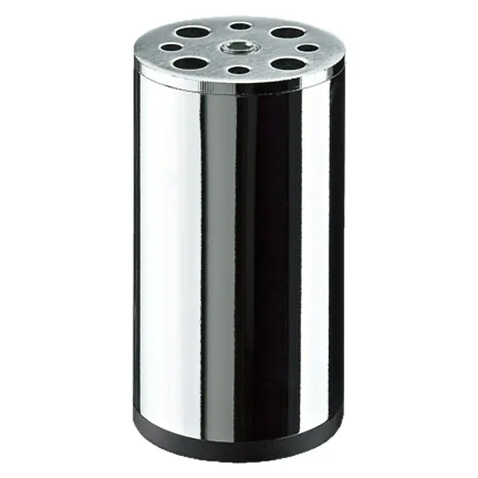 Hettich Möbelfuß Nema - Ø x H: 5 x 10 cm, Traglast: 50 kg, Stahl, Silber - Ein glänzender, zylindrischer Stifthalter aus Chrom mit mehreren Löchern auf der Oberseite für Stifte oder andere Büroartikel.