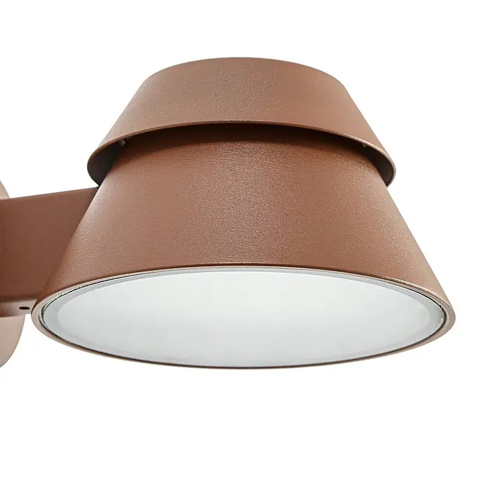 Lucande Außenwandleuchte Moena - braun / rost, braun / rost, IP44 - Braune, strukturierte Außenwandleuchte mit geschichtetem, konischem Design und weißem Diffusor.