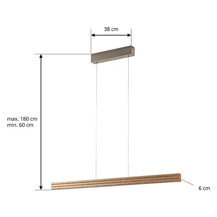 Lucande Pendelleuchte Annetta - L x B x H: 117 x 5,5 x 6 cm, Holz hell, Holz hell, grau - Verstellbare Pendelleuchte: 38cm Metallbaldachin, 6cm Holzlichtbalken. Höhe einstellbar 60-180cm.