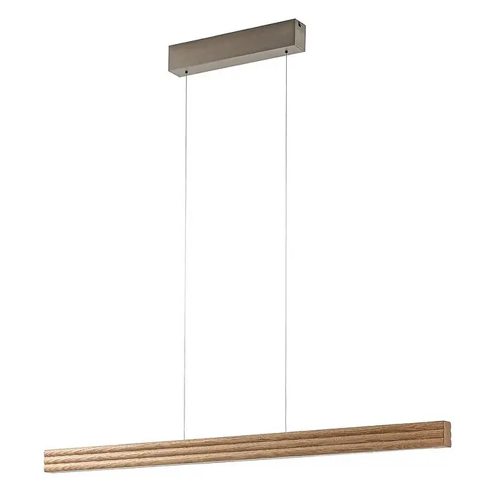 Lucande Pendelleuchte Annetta - L x B x H: 117 x 5,5 x 6 cm, Holz hell, Holz hell, grau - Lineare Pendelleuchte mit geriffelter Holzleiste und gebürsteter Metall-Deckenplatte.
