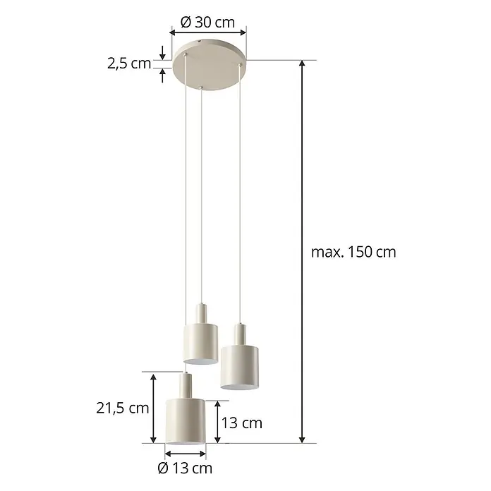 Lindby Pendelleuchte Ovelia - L x B x H: 43 x 43 x 150 cm, creme / amber, beige, E27 - Beige Dreifach-Pendelleuchte mit zylindrischen Schirmen, Ø 13 cm, max. 150 cm Aufhängung.