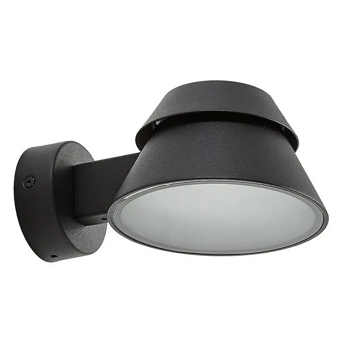 Lucande Außenwandleuchte Moena - schwarz, schwarz, IP44 - Schwarze Außenwandleuchte mit konischem Design und mattierter Abdeckung, auf rundem Sockel montiert.