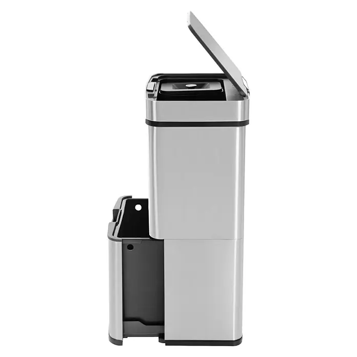 Hailo Mülltrennsystem Öko Vario XL - 54 l, Edelstahl, Edelstahl - Bild eines modernen, grauen Abfallbehälters mit offenem Deckel und einem separaten Fach für Recyclingmaterial.