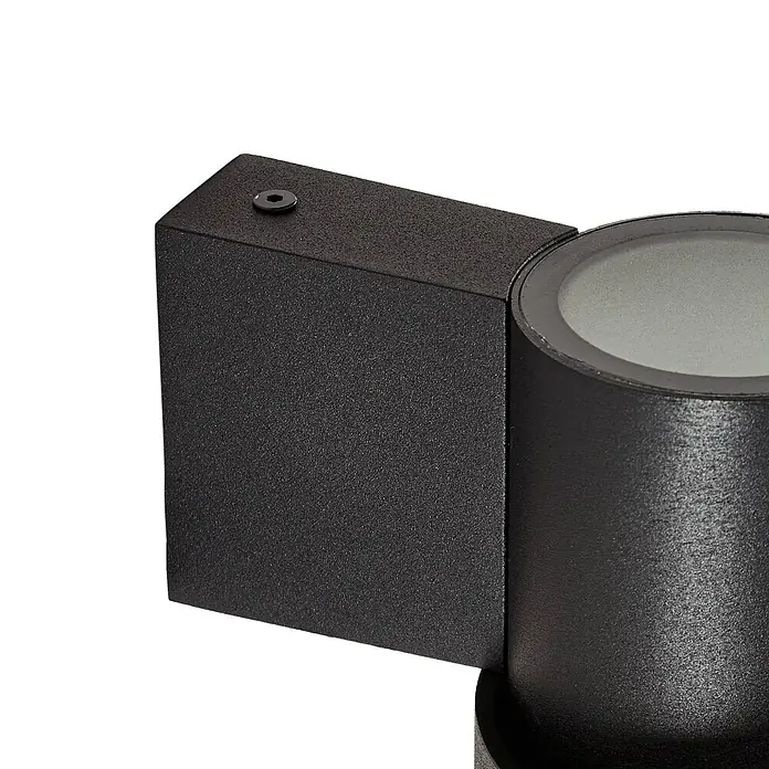 Lucande Außenwandleuchte Elune - schwarz, IP44 - Schwarze, strukturierte Außenwandleuchte mit rechteckigem Sockel und zylindrischem Kopf, mit matter Glaslinse und sichtbarer Schraube.
