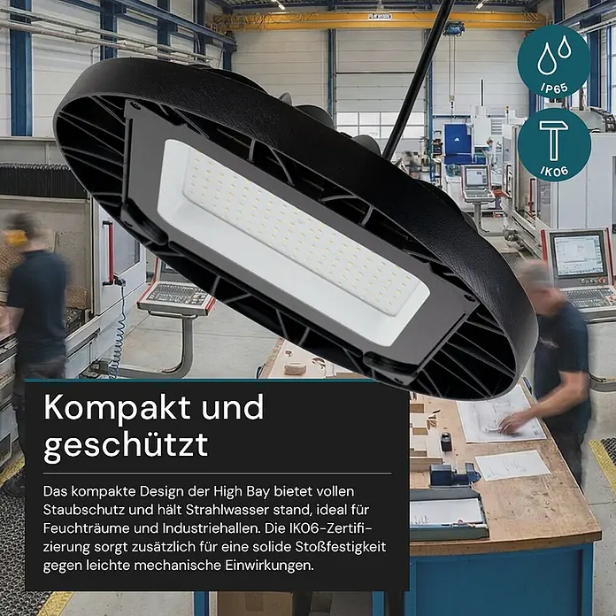 Luxula LED-Strahler LED-Hallenstrahler - 100 W, 9.500 lm, 5.000 K, L x B x H: 210 x 210 x 93 mm, IP65 - Schwarze LED-High-Bay-Leuchte in einer Industriehalle, kompakt und robust (IP65/IK06).