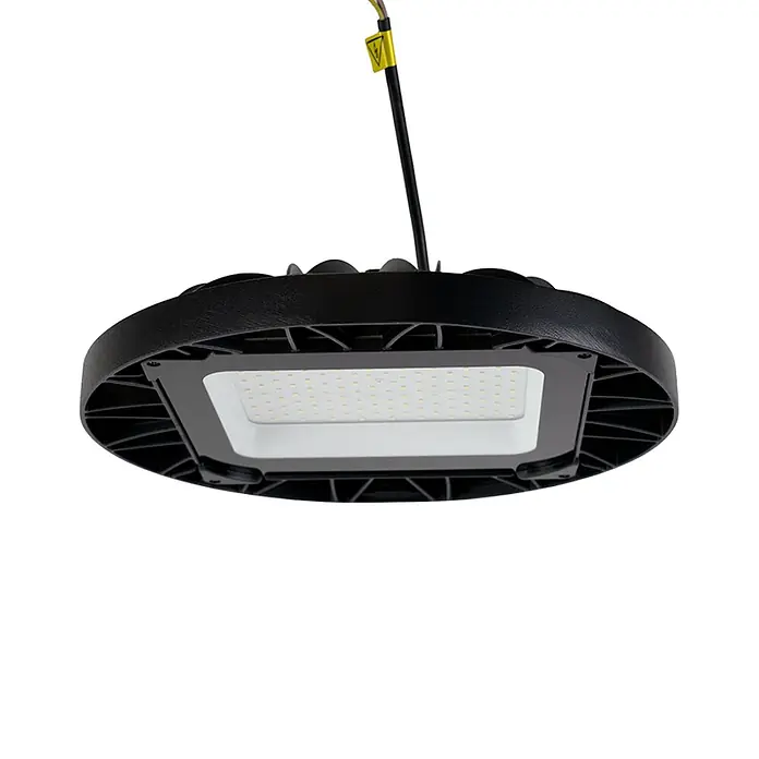 Luxula LED-Strahler LED-Hallenstrahler - 100 W, 9.500 lm, 5.000 K, L x B x H: 210 x 210 x 93 mm, IP65 - Schwarze, runde LED-Hallenleuchte mit weißem Lichtpanel, kabelaufgehängt, mit elektrischem Warnschild.