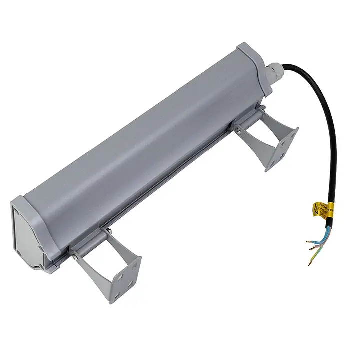 Luxula LED-Strahler LED-Hallenstrahler - 50 W, 6.200 lm, 5.000 K, L x B x H: 332 x 95 x 53 mm, IP65 - Graue rechteckige LED-Linearleuchte mit Montagehalterungen und Stromkabel.