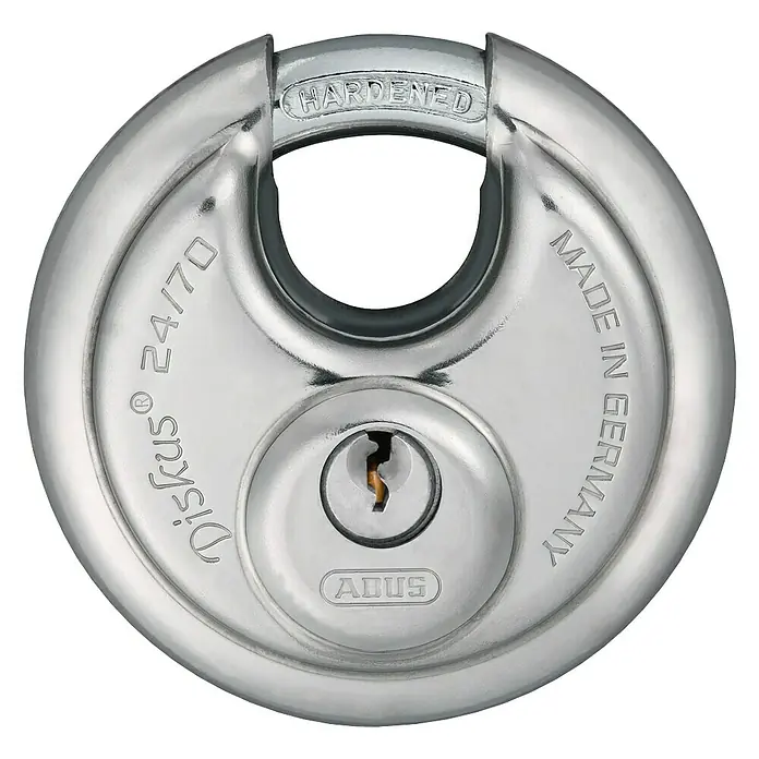 Abus Diskus Candado de disco 24/70 - An x Al: 70 x 70 mm - Primer plano de un candado ABUS Diskus 24/70 de acero endurecido, ideal para necesidades de alta seguridad.