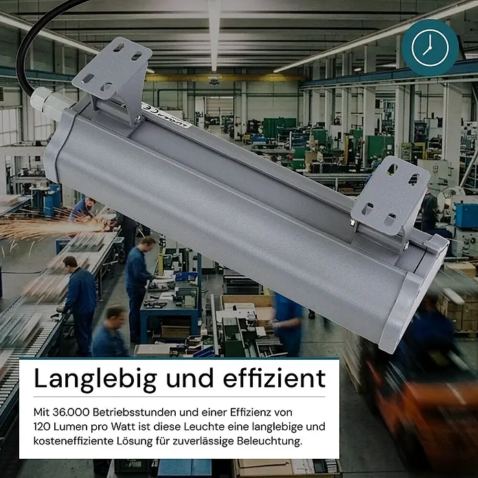 Luxula LED-Strahler LED-Hallenstrahler - 50 W, 6.200 lm, 5.000 K, L x B x H: 332 x 95 x 53 mm, IP65 - Graue industrielle LED-Leuchte mit Montagehalterungen, für Langlebigkeit und Effizienz in Fabriken oder Werkstätten konzipiert.