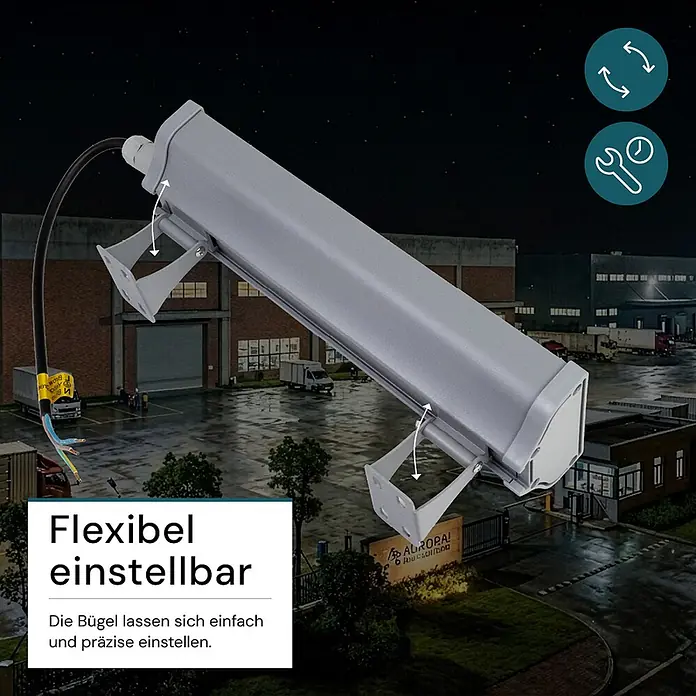 Luxula LED-Strahler LED-Hallenstrahler - 50 W, 6.200 lm, 5.000 K, L x B x H: 332 x 95 x 53 mm, IP65 - Silber-grauer rechteckiger LED-Flutlichtstrahler mit verstellbaren Halterungen, nachts im Außenbereich, betont flexible Positionierung.
