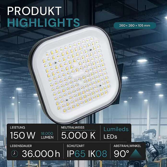 Luxula LED-Strahler LED-Hallenstrahler - 150 W, 18.000 lm, 5.000 K, L x B x H: 260 x 260 x 105 mm, IP65 - Nahaufnahme eines quadratischen Industrie-LED-Strahlers mit dunklem Rahmen und weißer Front mit zahlreichen gelb-weißen LEDs vor verschwommenem Fabrikhintergrund.