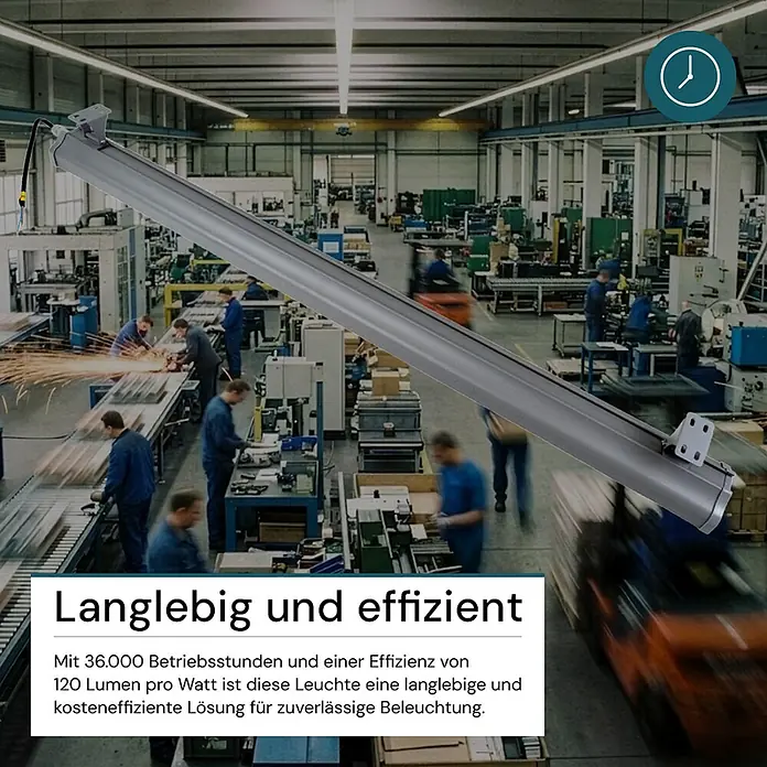 Luxula LED-Strahler LED-Hallenstrahler - 200 W, 25.000 lm, 5.000 K, L x B x H: 1.222 x 95 x 53 mm, IP65 - Eine lange, graue industrielle LED-Röhrenleuchte, diagonal über einer Fabrikhalle positioniert, ideal für robuste Industriebeleuchtung.