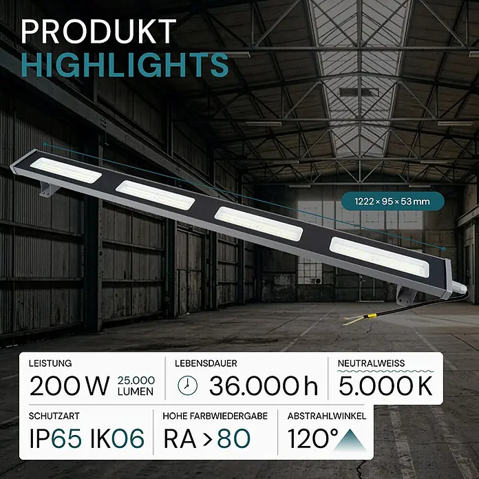 Luxula LED-Strahler LED-Hallenstrahler - 200 W, 25.000 lm, 5.000 K, L x B x H: 1.222 x 95 x 53 mm, IP65 - Graue und schwarze, längliche LED-Leuchte mit Wandhalterung, in einer Industriehalle montiert.