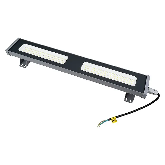 Luxula LED-Strahler LED-Hallenstrahler - 100 W, 12.400 lm, 5.000 K, IP65 - Lineare graue LED-Industrieleuchte mit zwei Lichtpaneelen, Montagehalterungen und Elektrokabel.