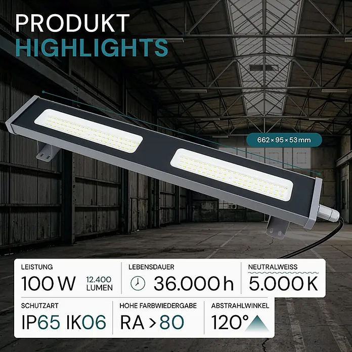 Luxula LED-Strahler LED-Hallenstrahler - 100 W, 12.400 lm, 5.000 K, IP65 - Lange, graue und schwarze LED-Industrieleuchte mit mehreren LED-Panels, geeignet für große Räume wie Lagerhallen.