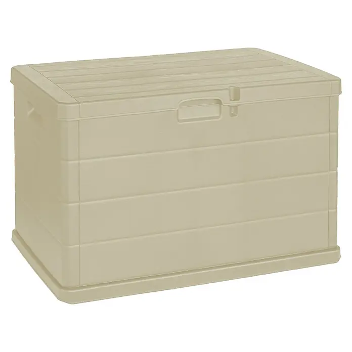 Progarden Kissenbox Beta - 78 x 55 x 52 cm, Kunststoff, Sandbraun - Beige Outdoor-Aufbewahrungsbox aus Kunststoff mit Holzmaserung.