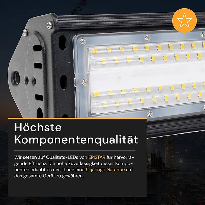 Enovalite LED-Strahler LED-Hallenstrahler - 200 W, 24.000 lm, 5.000 K, L x B x H: 1.115 x 115 x 105 mm, IP65 - Dunkelgrauer LED-Fluter mit sichtbaren gelben LEDs unter klarer Abdeckung, für industrielle Anwendungen.