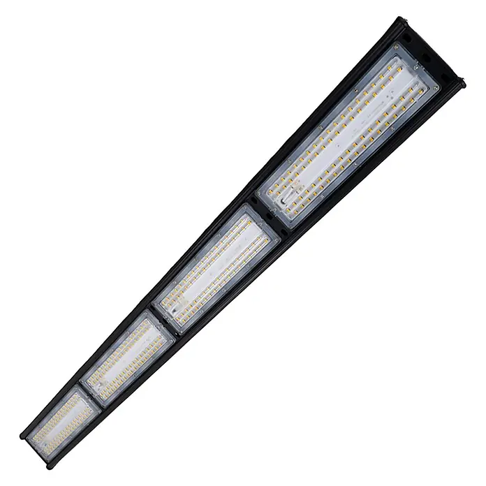 Enovalite LED-Strahler LED-Hallenstrahler - 200 W, 24.000 lm, 5.000 K, L x B x H: 1.115 x 115 x 105 mm, IP65 - Lange, schwarze LED-Lichtleiste aus mehreren rechteckigen Modulen mit vielen kleinen gelb-weißen LED-Chips.
