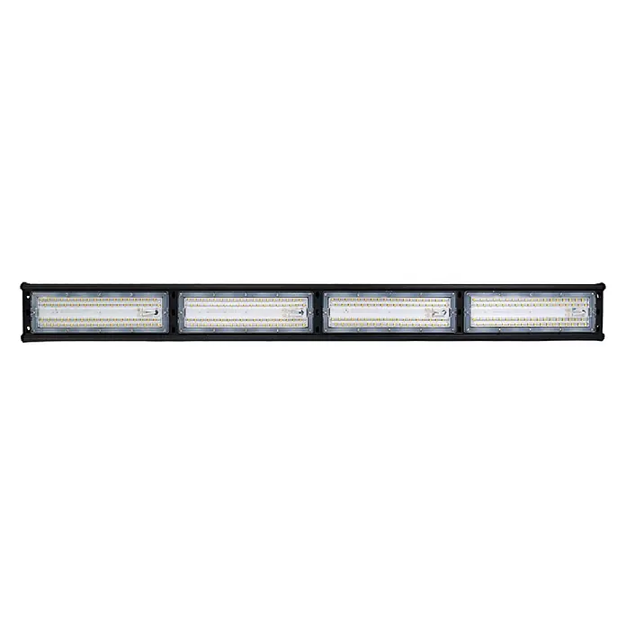 Enovalite LED-Strahler LED-Hallenstrahler - 200 W, 24.000 lm, 5.000 K, L x B x H: 1.115 x 115 x 105 mm, IP65 - Schwarze modulare LED-Lichtleiste mit vier rechteckigen Einheiten, bestückt mit Reihen gelber und weißer LEDs.