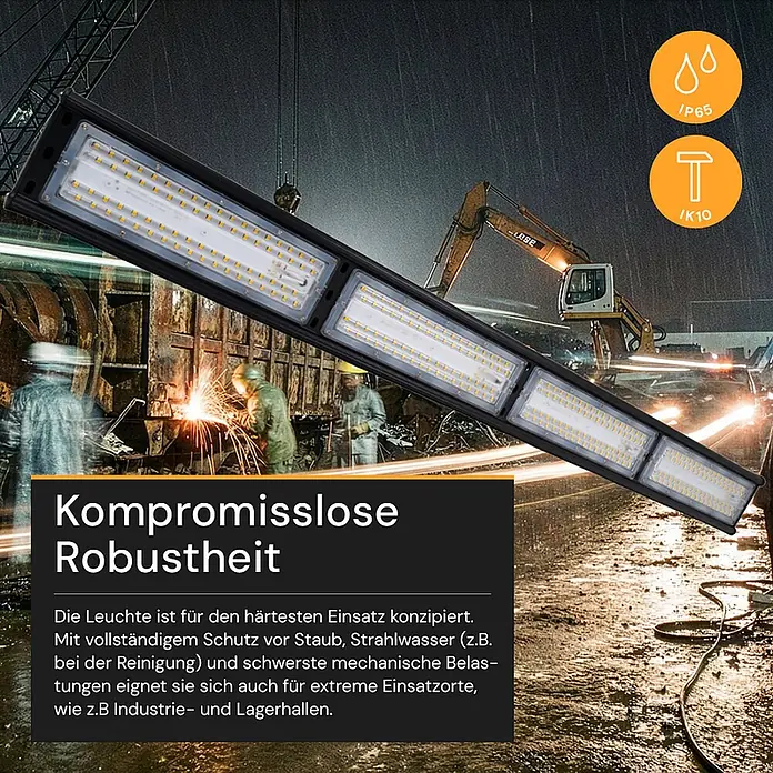 Enovalite LED-Strahler LED-Hallenstrahler - 200 W, 24.000 lm, 5.000 K, L x B x H: 1.115 x 115 x 105 mm, IP65 - Schwarze, robuste LED-Lichtleiste (IP65, IK10) für industrielle Anwendungen.