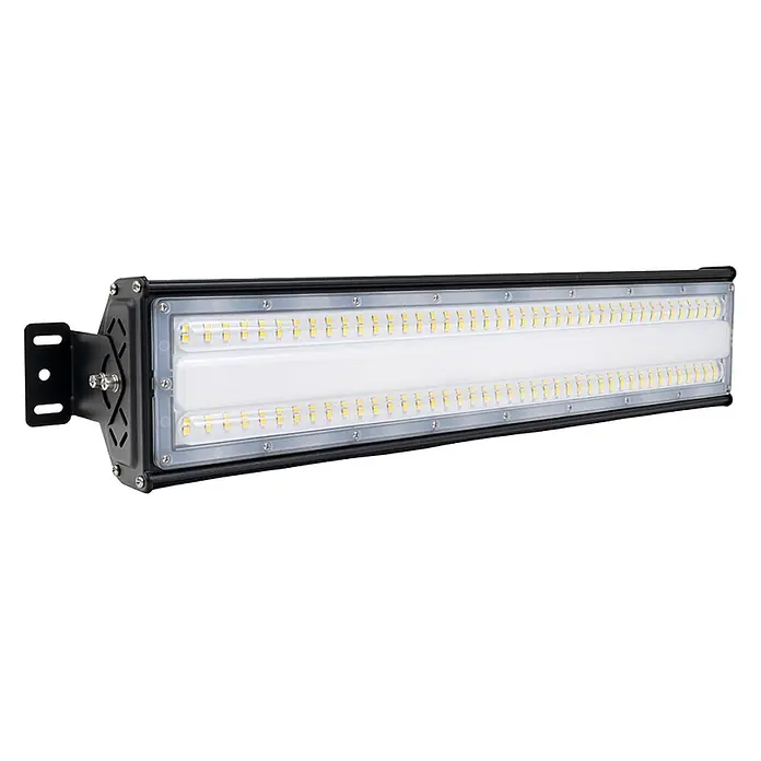 Luxula LED-Strahler LED-Hallenstrahler - 50 W, 6.000 lm, 5.000 K, L x B x H: 285 x 118 x 78 mm, IP65 - Rechteckige LED-Lichtleiste mit schwarzem Rahmen und seitlicher Halterung, mit Reihen von gelben LEDs und einer zentralen diffusen Platte.