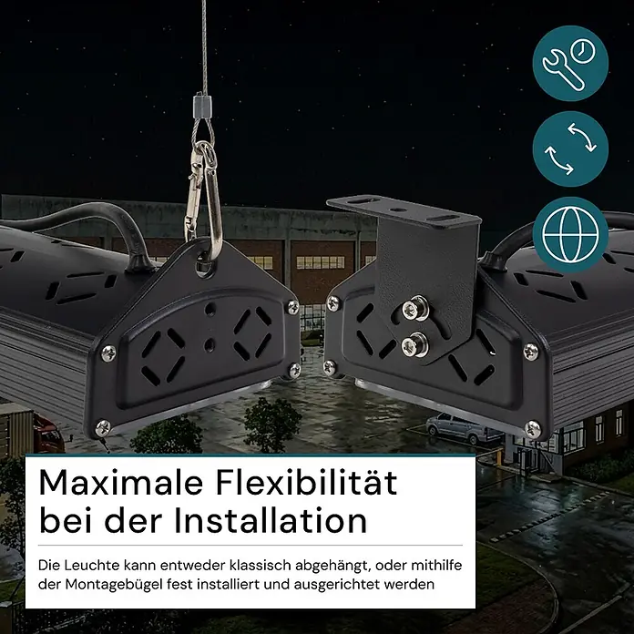 Luxula LED-Strahler LED-Hallenstrahler - 50 W, 6.000 lm, 5.000 K, L x B x H: 285 x 118 x 78 mm, IP65 - Zwei schwarze Leuchten, eine mittels Kabel und Karabiner aufgehängt, die andere mit einer verstellbaren Montagehalterung, für flexible Installation.