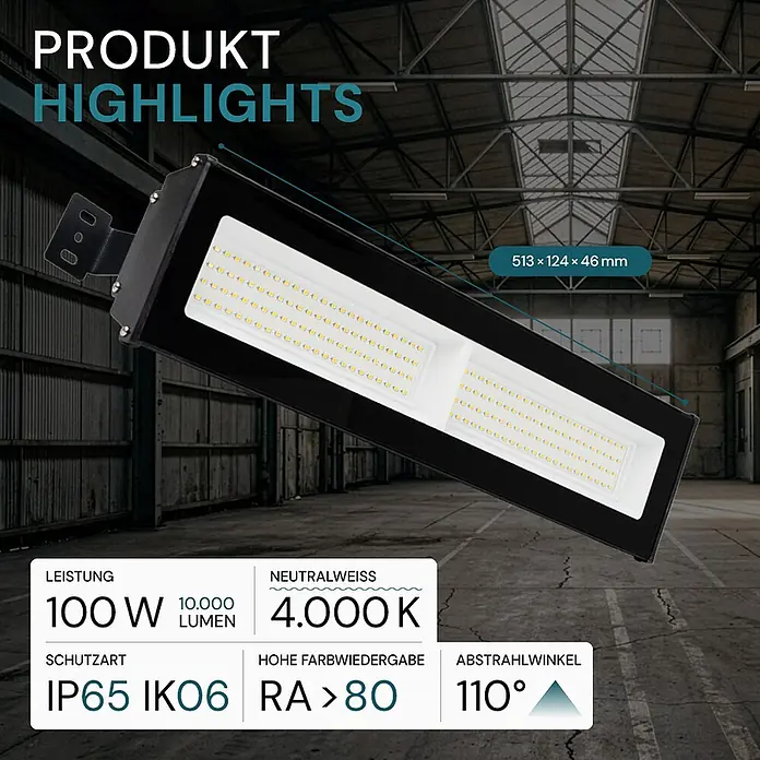 Luxula LED-Strahler LED-Hallenstrahler - 100 W, 10.000 lm, 4.000 K, L x B x H: 513 x 124 x 46 mm, IP65 - Schwarze, rechteckige LED-Industrieleuchte mit sichtbaren LED-Chips und Montagebügel, in einer Lagerhalle gezeigt.