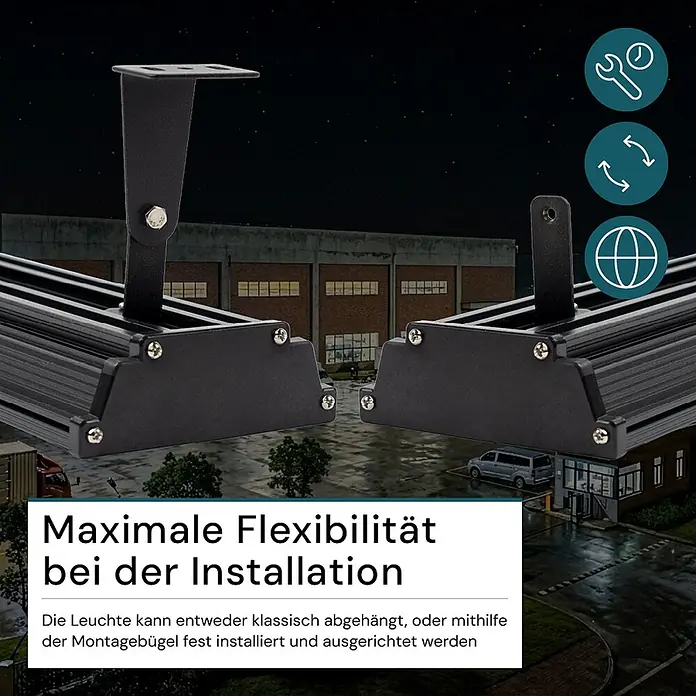 Luxula LED-Strahler LED-Hallenstrahler - 100 W, 10.000 lm, 4.000 K, L x B x H: 513 x 124 x 46 mm, IP65 - Schwarze lineare Leuchten mit verstellbaren Montagebügeln, gezeigt für flexible Installation.